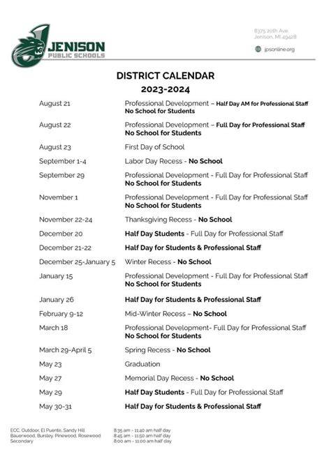 Jenison School Calendar