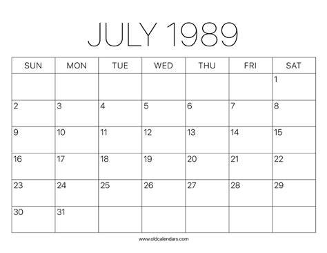 July 1989 Calendar