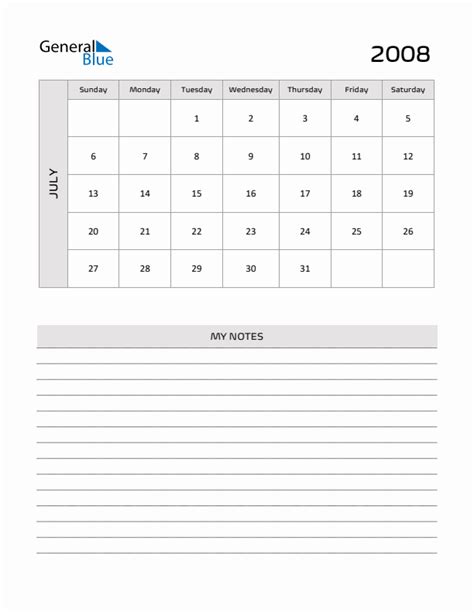 July 2008 Monthly Calendar