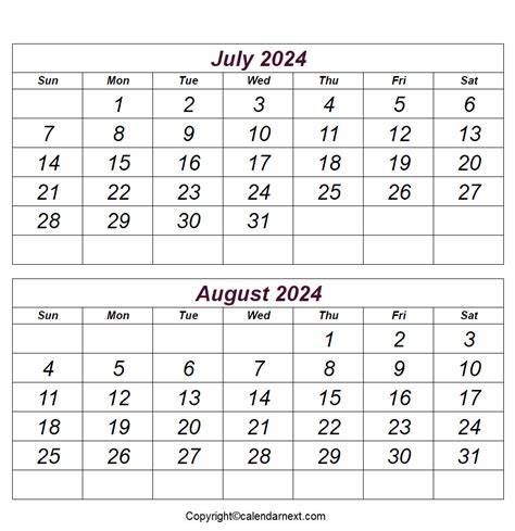 July August 2024 Calendar Printable