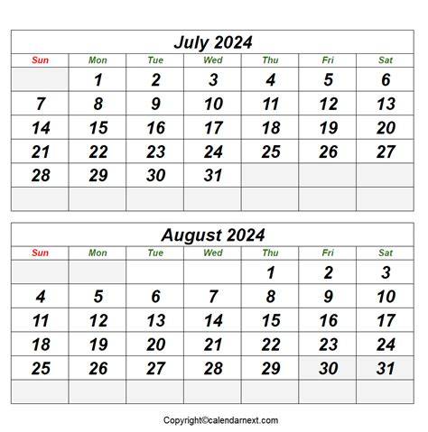 July August 2024 Calendar
