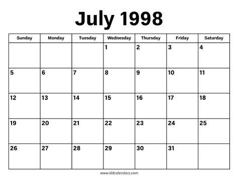 July Calendar 1998
