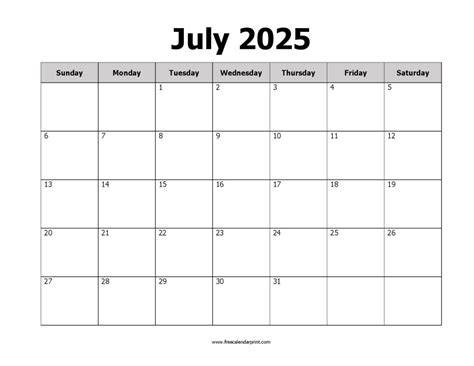 July Calendar 2025 Printable Free