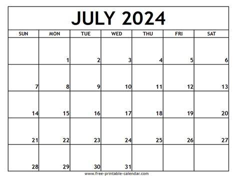 July Monthly Calendar Printable