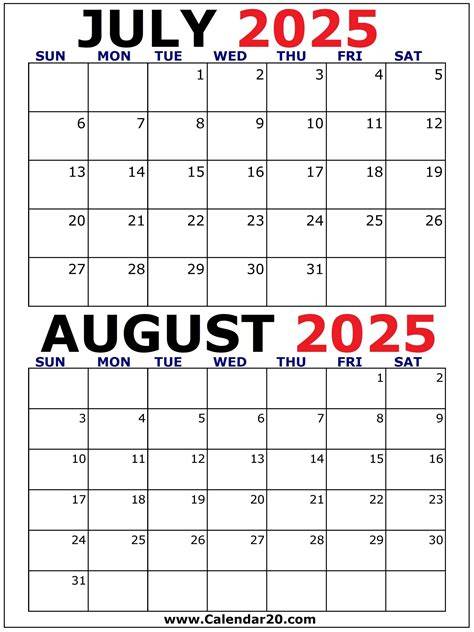 July To August Calendar