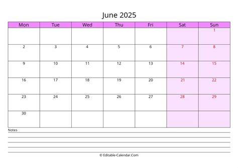 June 2025 Calendar Editable