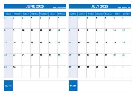 June And July 2025 Calendar Printable