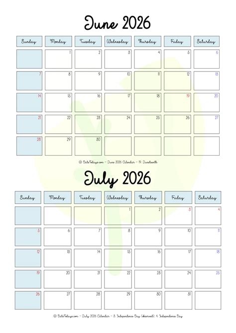 June And July Calendar Printable