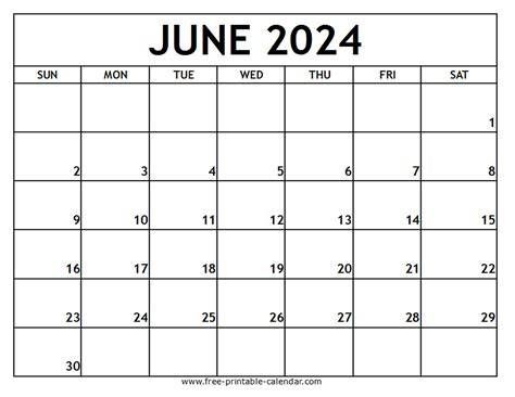June Calendar 2024 Printable