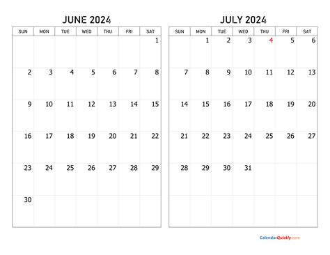 June July 2024 Calendar Printable