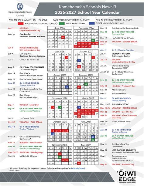 Kamehameha Schools Maui Calendar 2024 25