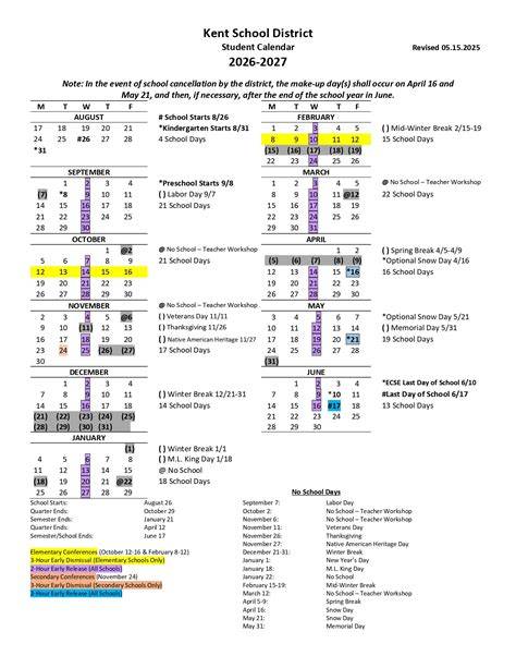 Kent School District Calendar