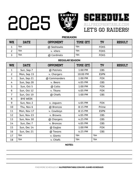 Las Vegas Raiders Schedule 2025 Printable