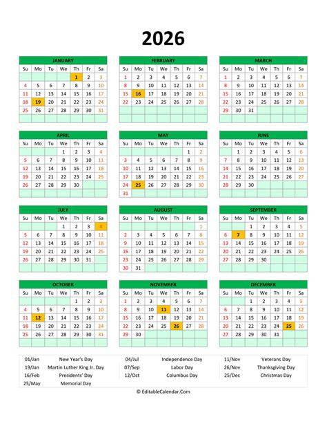 2026 calendar with holidays