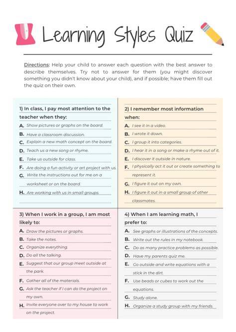 Learning Styles Quiz Printable