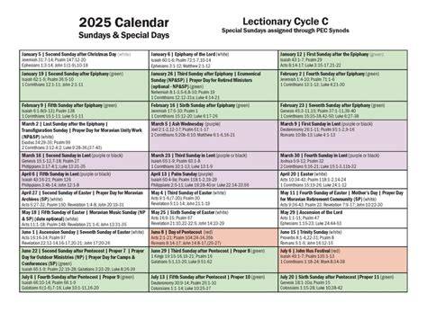 Lectionary Calendar 2025