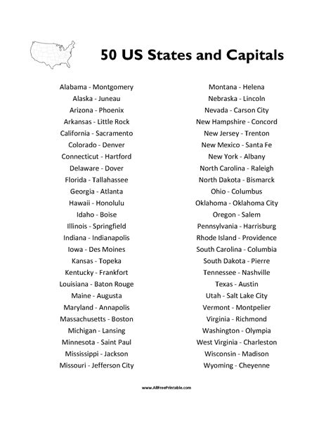 List Of States And Capitals Printable
