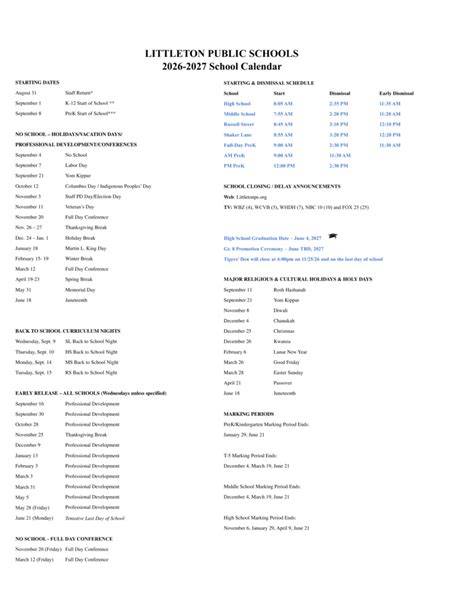 Littleton Public Schools Calendar