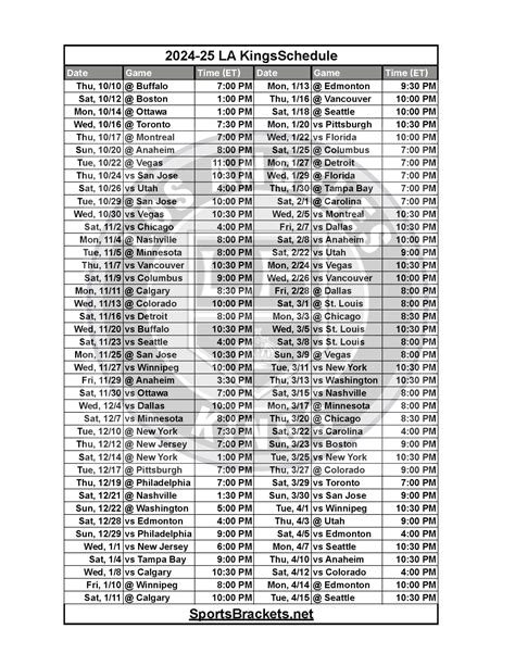 Los Angeles Kings Printable Schedule