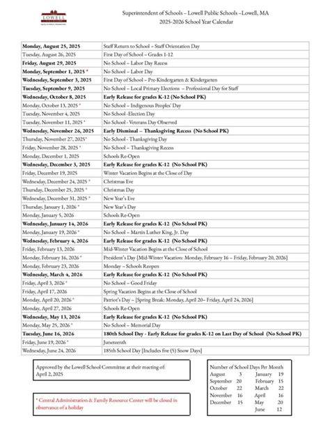 Lowell Public Schools Calendar
