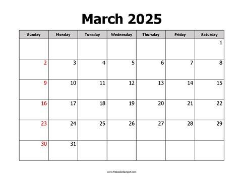 March 25 Printable Calendar