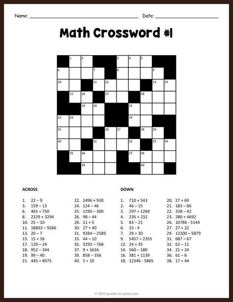 Math Crossword Puzzles Printable Free