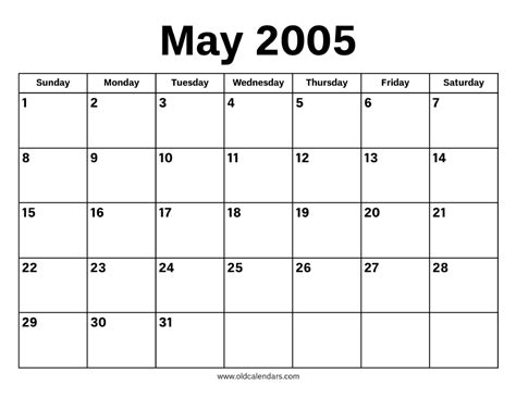 May Calendar 2005