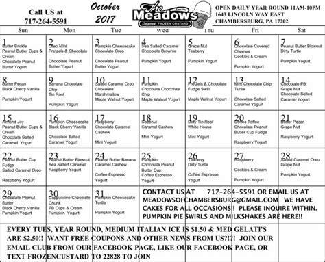 Meadows Ice Cream Monthly Calendar