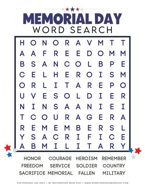 Memorial Day Word Search Printable