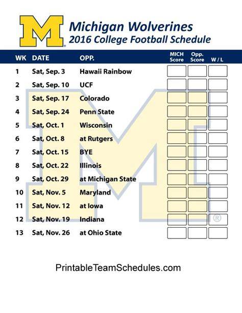 Michigan Football Printable Schedule
