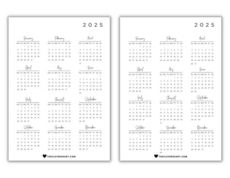 one page calendar 2025