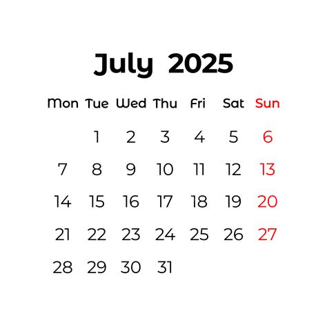 calendar july 2025