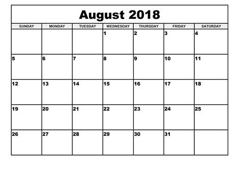 Month Of August 2018 Calendar