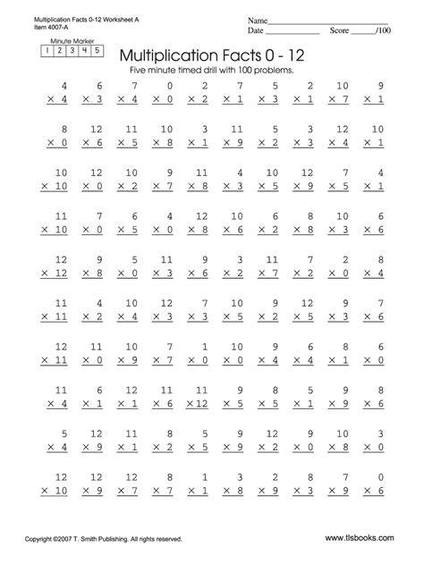 Multiplication Facts 0 12 Printable Pdf