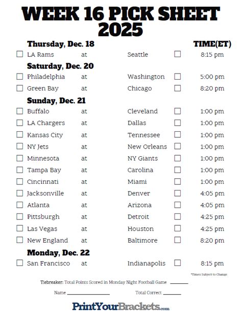 Nfl Printable Schedule Week 16