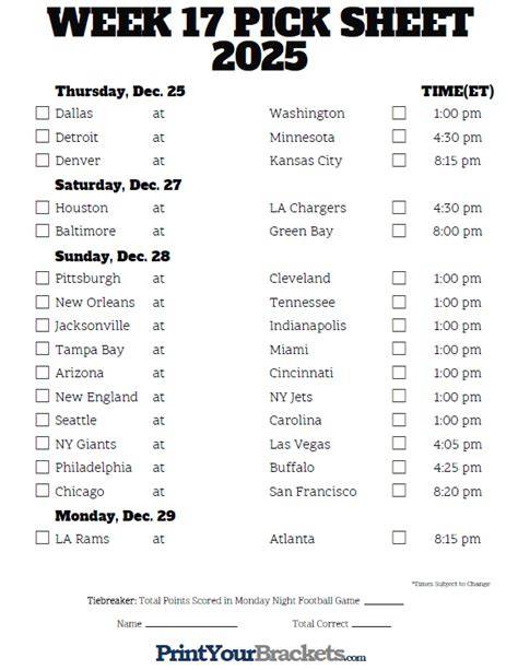 Nfl Week 17 Schedule Printable