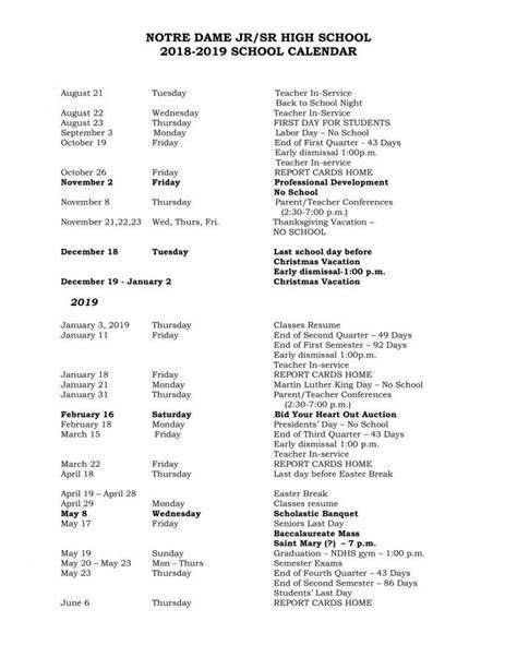 Notre Dame Academy Calendar