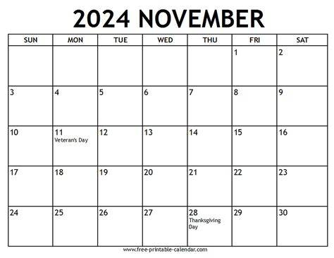 Nov 2024 Calendar Printable