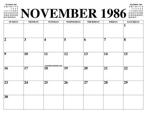 November 1986 Calendar