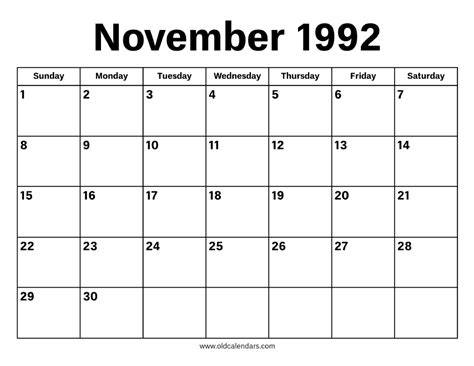 November Calendar 1992