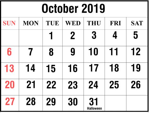 Oct 2019 Calendar