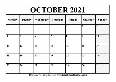 October 2021 Calendar Printable