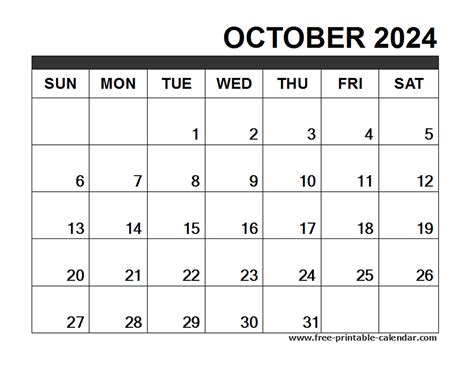 October 2024 Calendar Free Printable