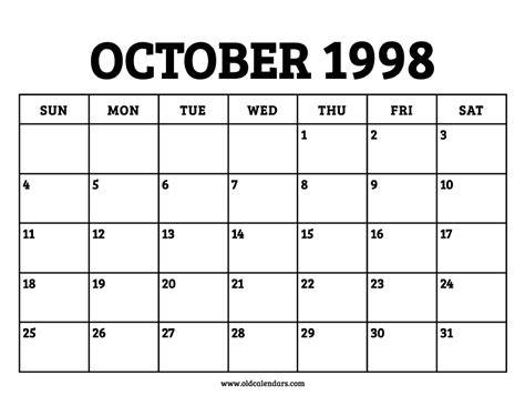 October Calendar 1998