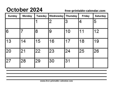 October Calendar Printable 2024