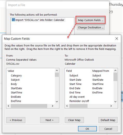 outlook calendar map custom fields