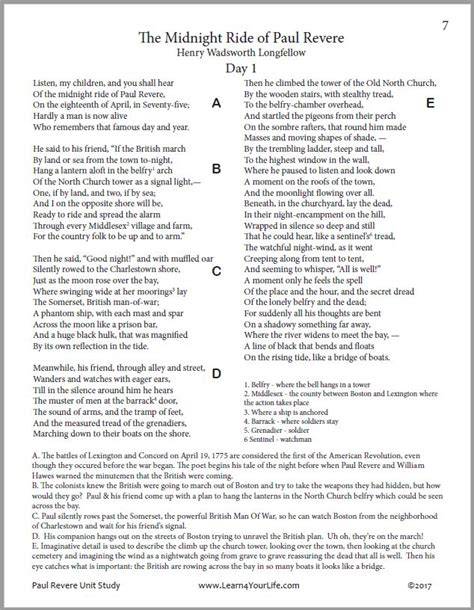 Paul Revere S Ride Poem Printable
