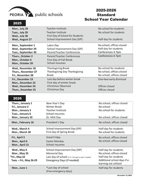 Peoria Public Schools Calendar