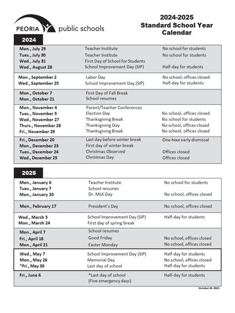 Peoria School District Calendar