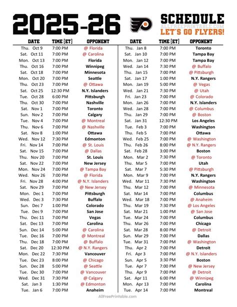 Philadelphia Flyers Printable Schedule